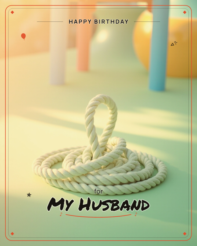A coiled length of thick cream rope sits looped on a pale mint surface, with a rounded vase and soft pastel columns glowing out of focus behind it in…, a birthday e-card design