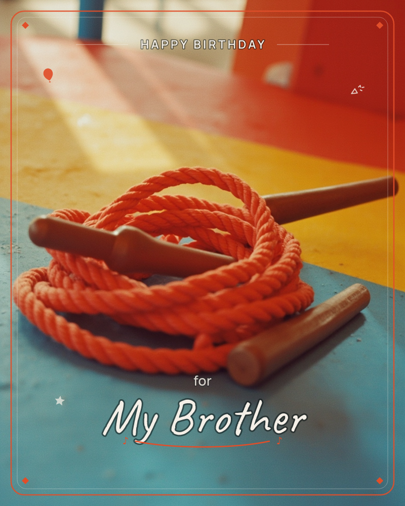 A coiled orange skipping rope with wooden handles rests on a weathered blue table, caught in a stripe of warm sunlight against a backdrop of painted…, a birthday e-card design