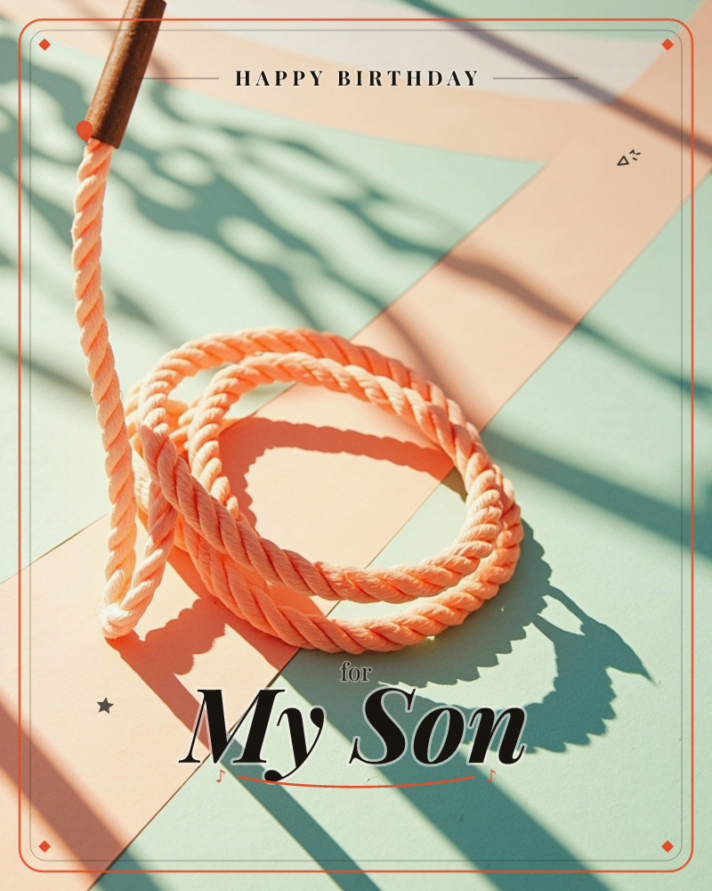 A coil of peachy-orange twisted rope rests against a geometric backdrop of sage green and blush pink paper, its end propped up on a wooden dowel, a birthday e-card design