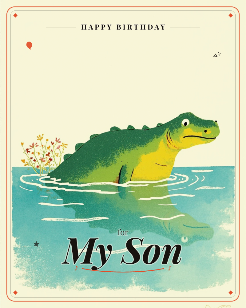 A friendly green crocodile-like creature wades chest-deep in calm turquoise water, its spiky back rippling the surface and its reflection glowing…, a birthday e-card design
