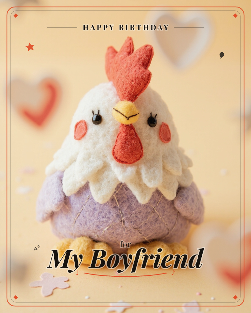 A plump felt chicken with a lavender body, white ruffled feathers, an orange comb and rosy cheeks sits centre stage on a warm apricot background, a birthday e-card design