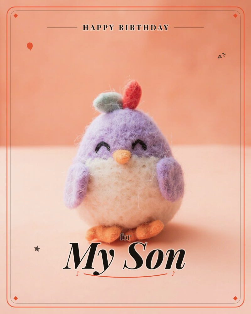 A needle-felted bird with a lilac body, fluffy white belly and orange feet sits with its eyes closed in a contented smile, a tiny mint and coral…, a birthday e-card design