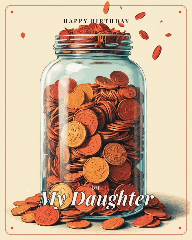 A glass jar sits packed to the brim with copper and gold coins, a few tumbling out over the rim and scattering across the pale surface below, a birthday e-card design