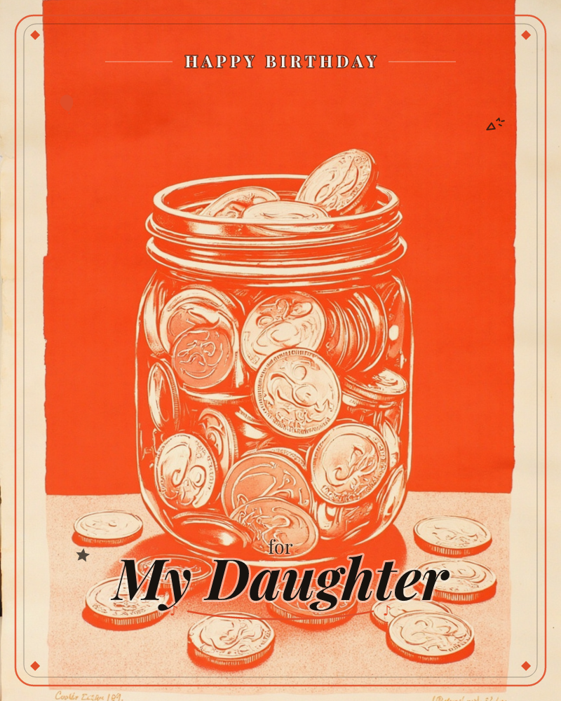 A glass mason jar stands packed with coins against a bold flat orange background, more coins scattered loose across the tabletop below, a birthday e-card design