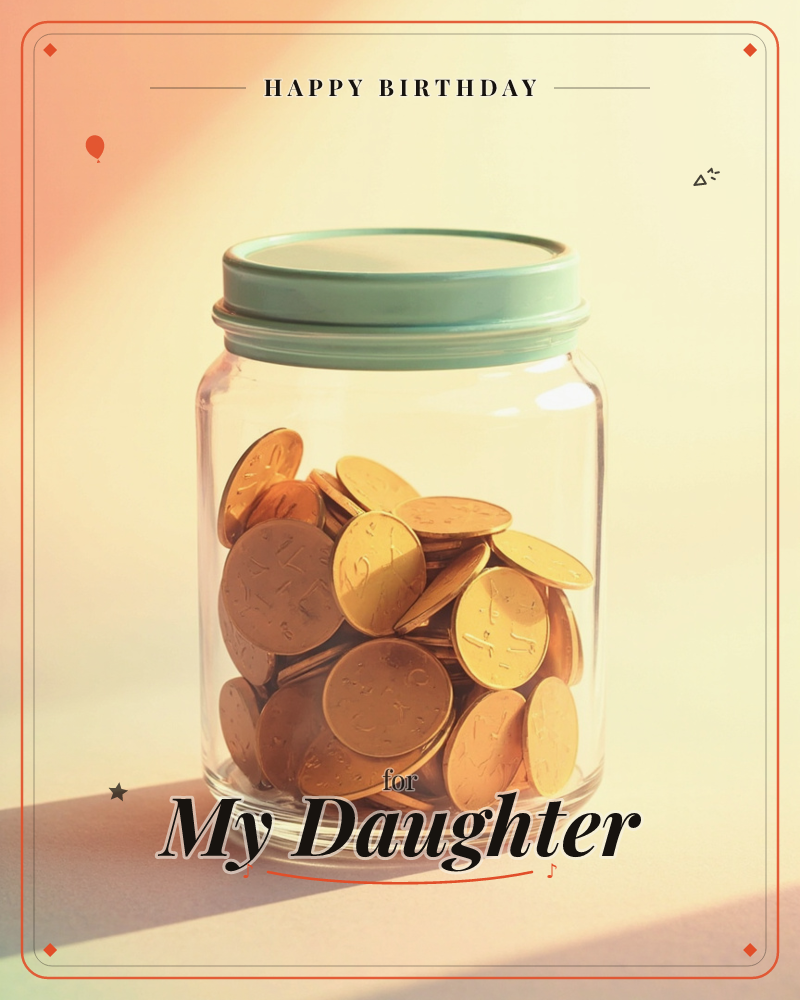 A glass jar with a mint-green lid sits half full of gold coins, catching a warm diagonal beam of light against a soft peach and cream background, a birthday e-card design