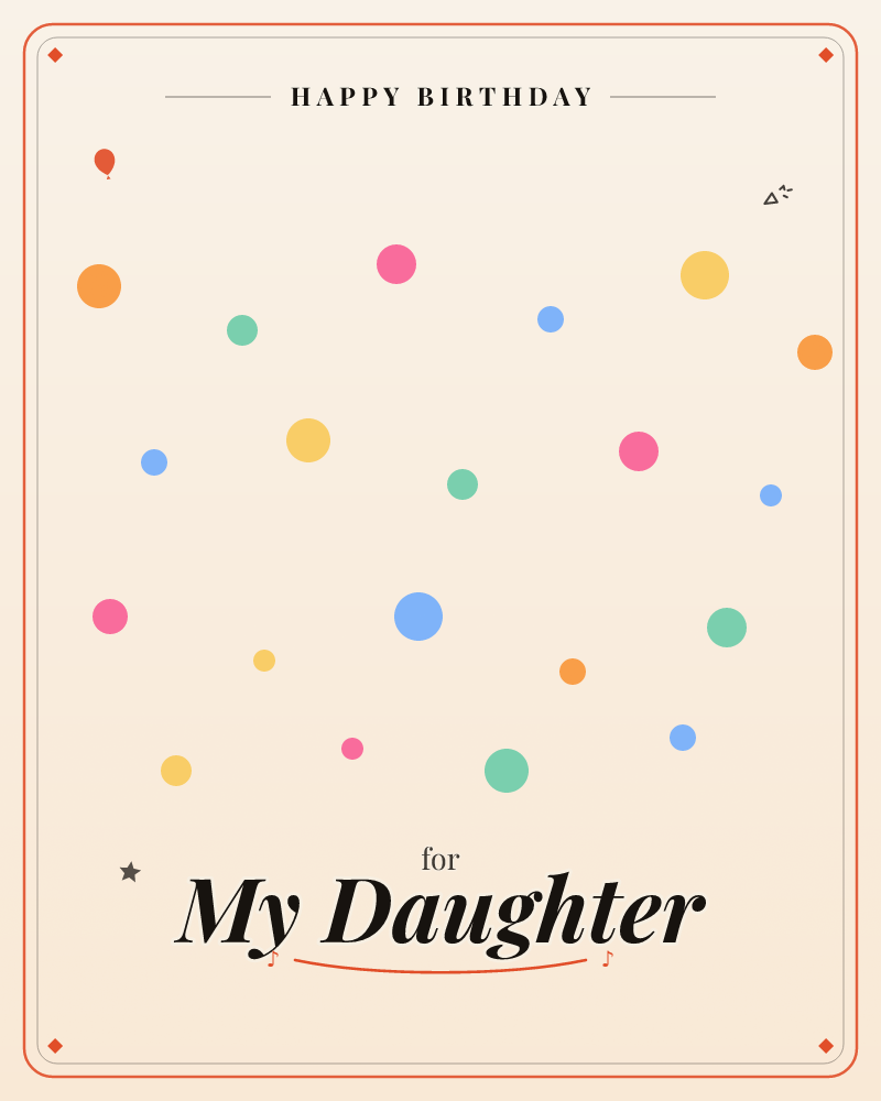 A cream background glows softly at the center and fades into shadowed edges, scattered with plain round dots in orange, pink, yellow, blue, and green, a birthday e-card design by @DittyCityTeam