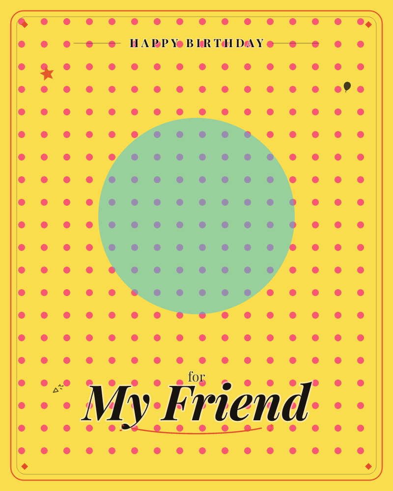 A bold sunny-yellow field is covered edge to edge in a neat grid of small pink dots, interrupted by one large mint-green circle sitting slightly above…, a birthday e-card design by @DittyCityTeam