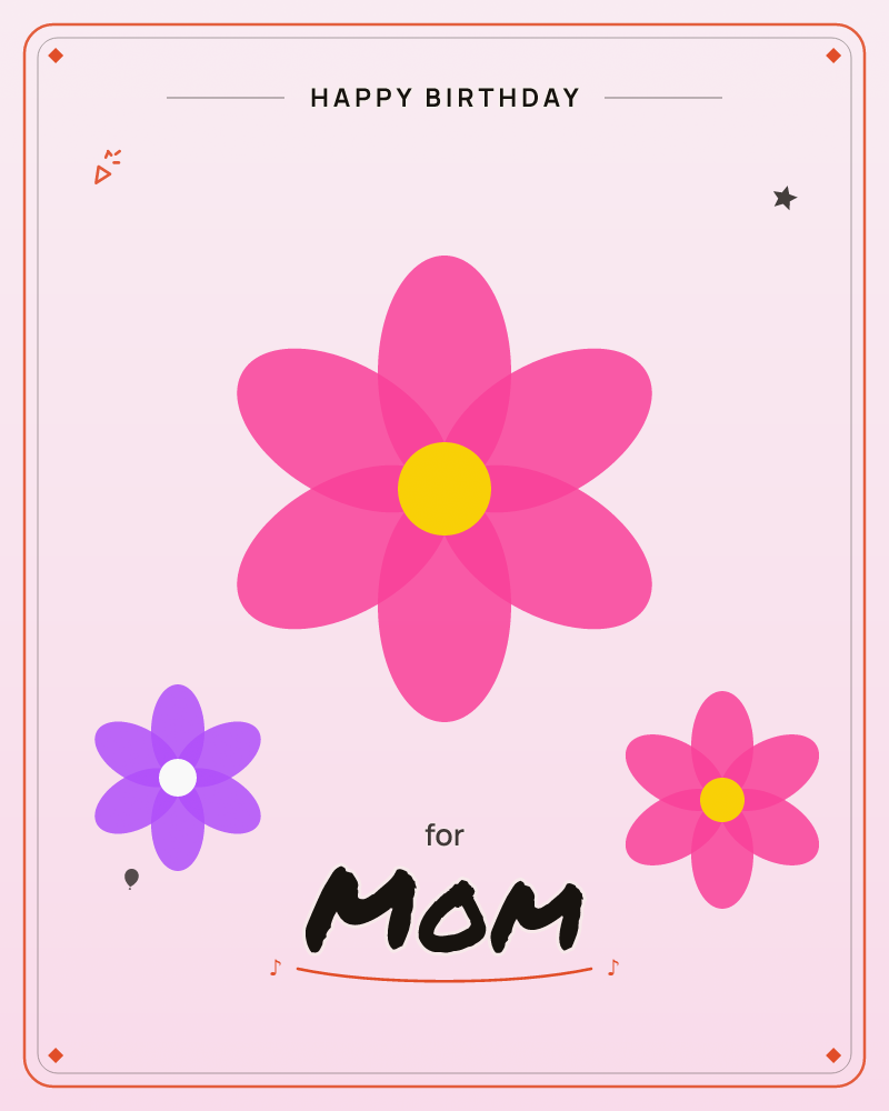 A large pink flower with a bright yellow centre sits at the top of a soft blush background, flanked below by two smaller blooms in purple and pink, a birthday e-card design by @DittyCityTeam