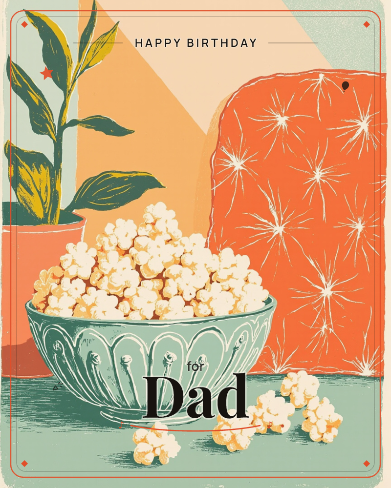 A fluted teal bowl overflows with popcorn, spilling a few kernels onto the tabletop beside it, a birthday e-card design