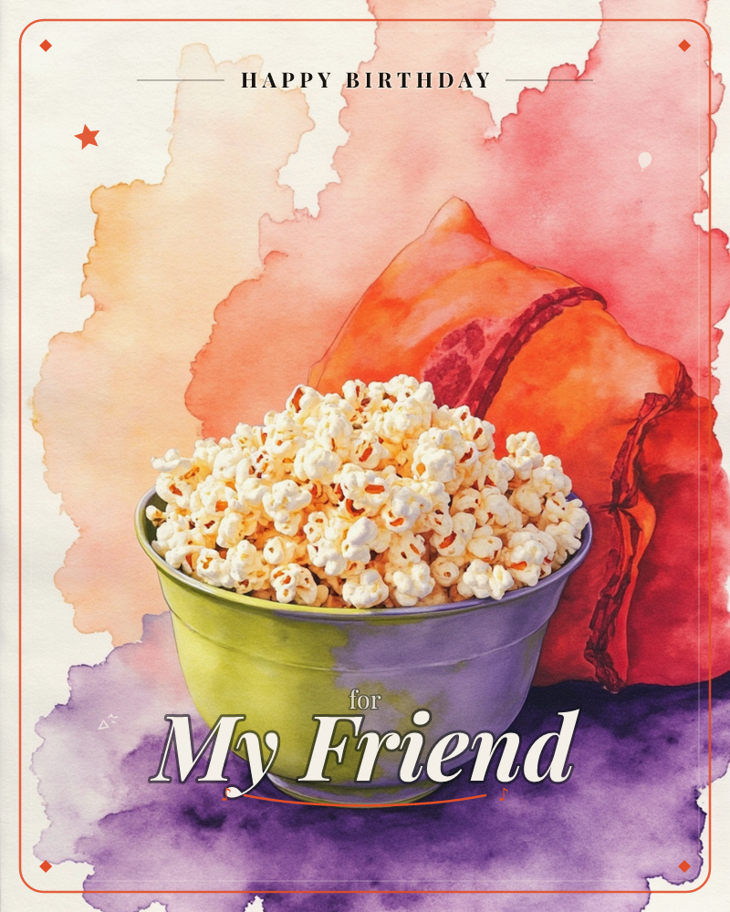 A green ceramic bowl overflows with buttery popcorn, set against a plump red cushion, all rendered in loose watercolour washes that bleed into a…, a birthday e-card design