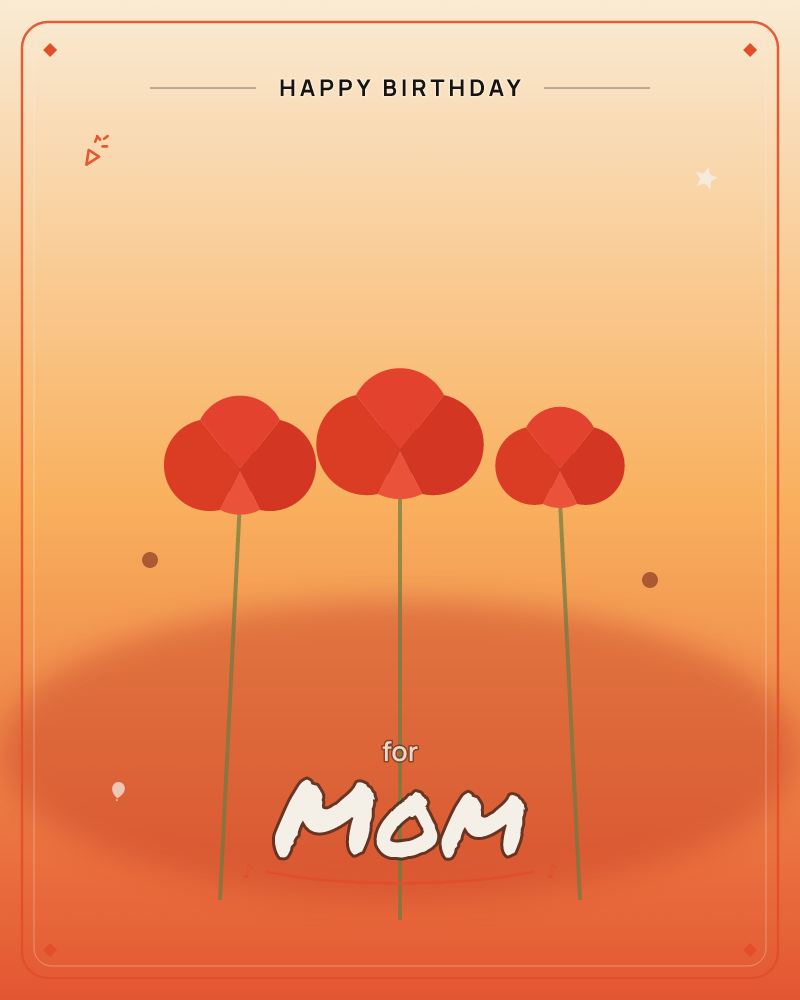 Three simple stylised poppies with red four-petal heads and thin green stems stand against a warm gradient sky sliding from grey at the top into deep…, a birthday e-card design by @DittyCityTeam