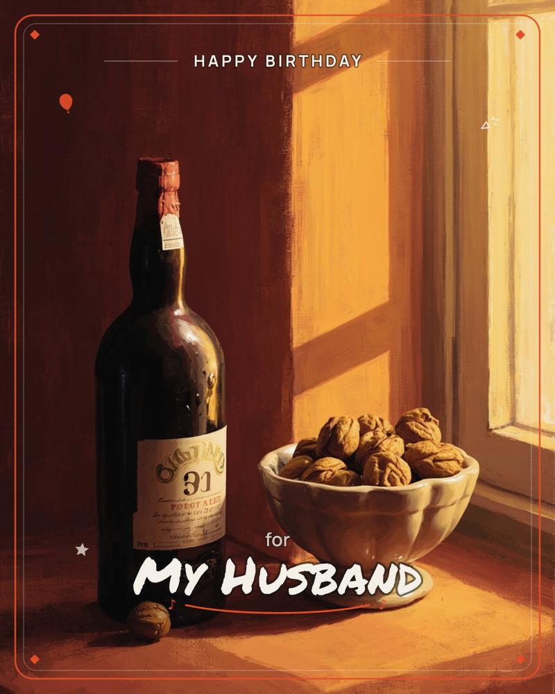 A dark wine bottle with a wax-sealed neck stands on a warm ochre tabletop beside a pale ceramic bowl piled with walnuts, a birthday e-card design