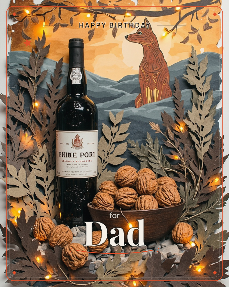 A layered paper-craft scene shows a bottle of fine port standing beside a bowl heaped with walnuts, set among cut-paper leaves and pebbles under a fox…, a birthday e-card design