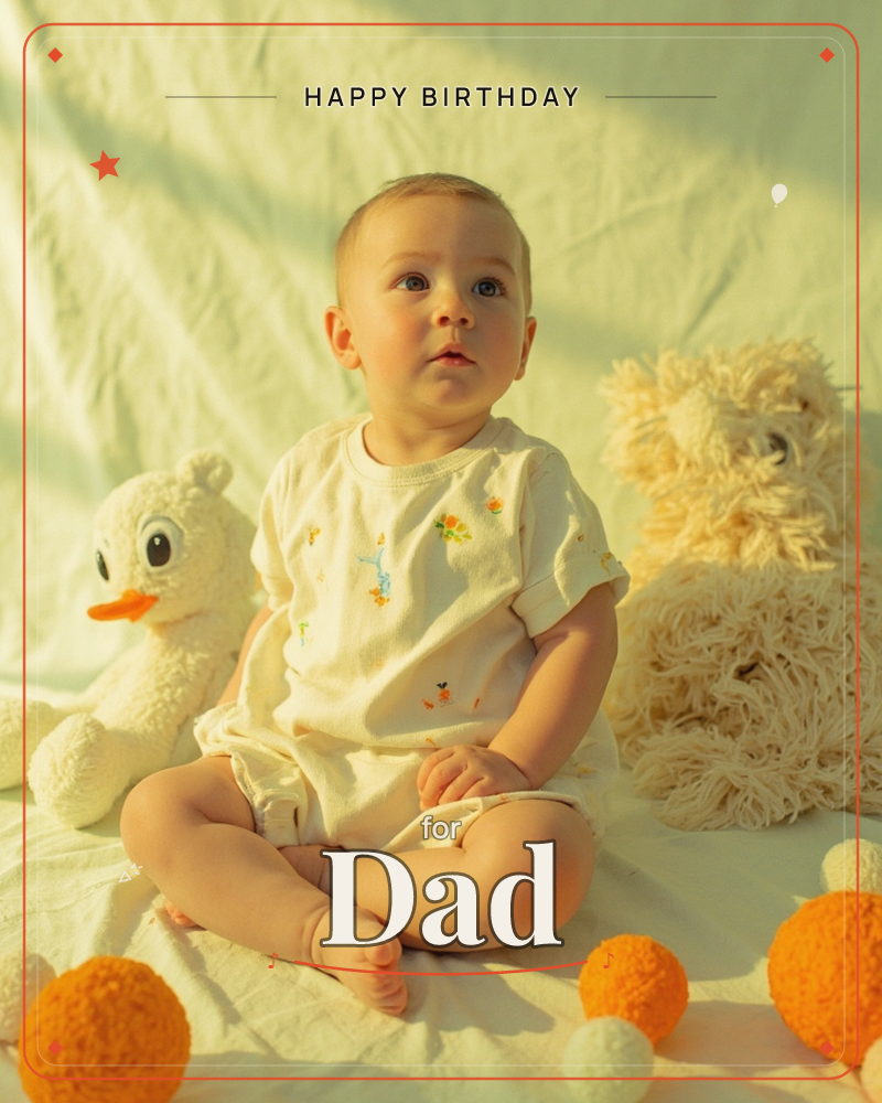 A baby in a soft cream romper sits cross-legged on a rumpled fabric backdrop, flanked by a plush duck and a shaggy cream teddy bear, a birthday e-card design
