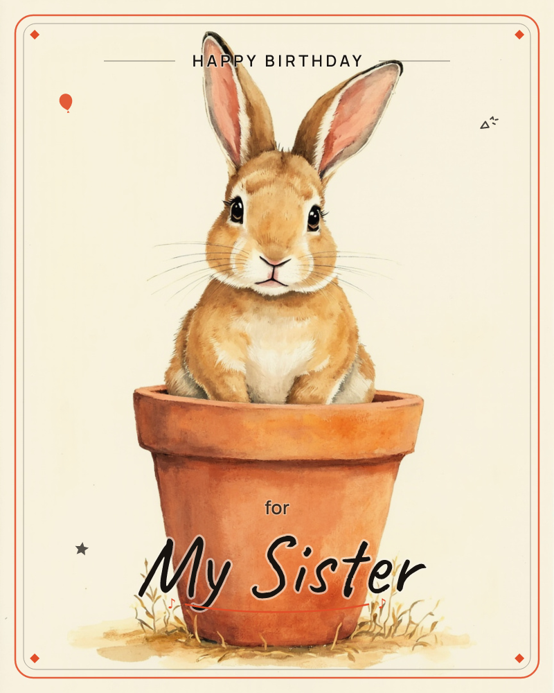 A soft brown rabbit sits upright inside a terracotta plant pot, its long ears standing tall and whiskers fanned out against a pale, glowing background, a birthday e-card design