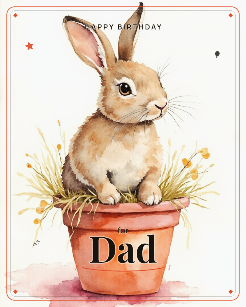 A watercolour rabbit sits nestled inside a terracotta plant pot, surrounded by wispy dried grasses and tiny mustard-yellow buds, a birthday e-card design