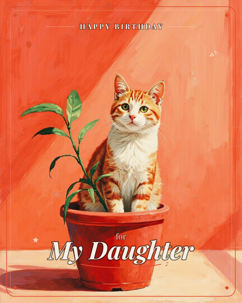 An orange and white tabby cat sits inside a terracotta plant pot, perched beside a small green leafy sprig, against a bold coral-pink wall lit by a…, a birthday e-card design