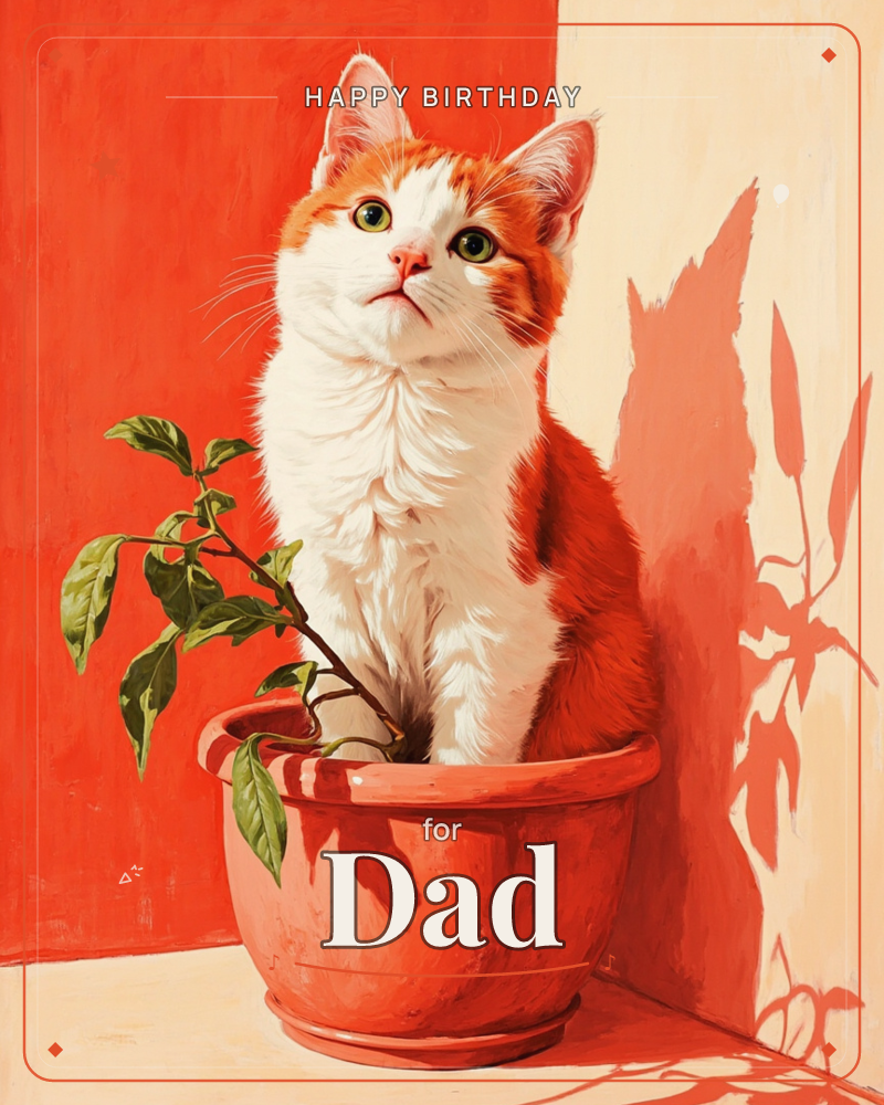 An orange-and-white cat sits inside a terracotta plant pot, peering upward with wide green eyes as a small leafy sprig pokes up beside it, a birthday e-card design