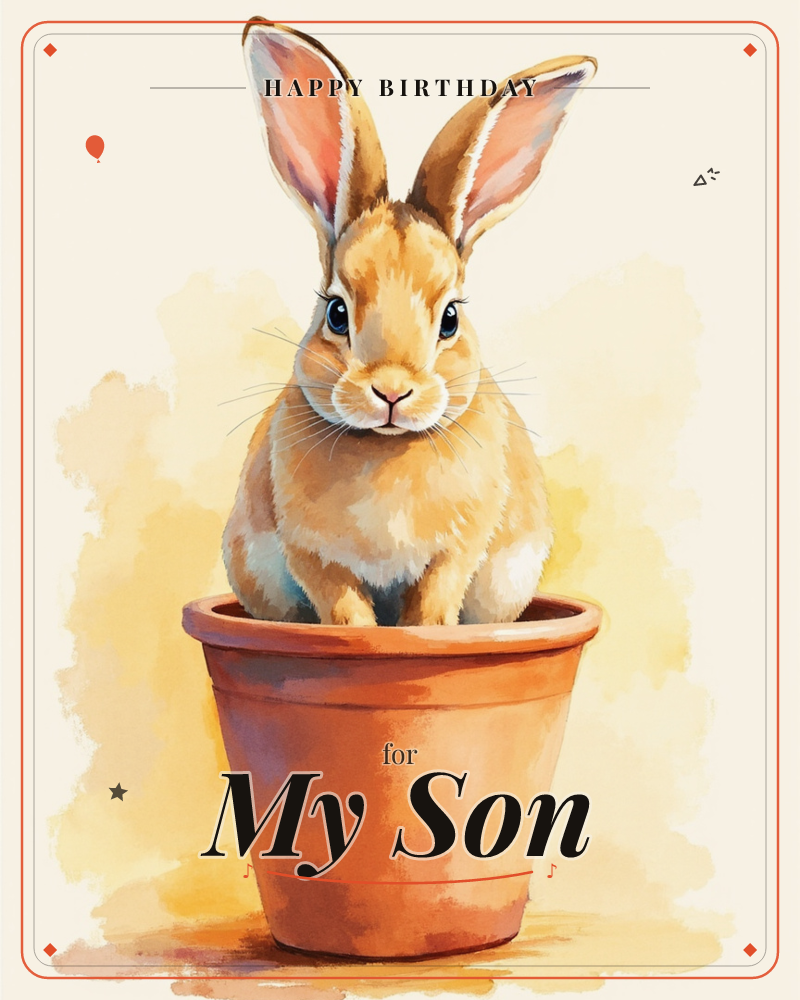 A soft tan rabbit with tall pink-lined ears sits tucked inside a terracotta plant pot, looking straight out with wide dark eyes, a birthday e-card design