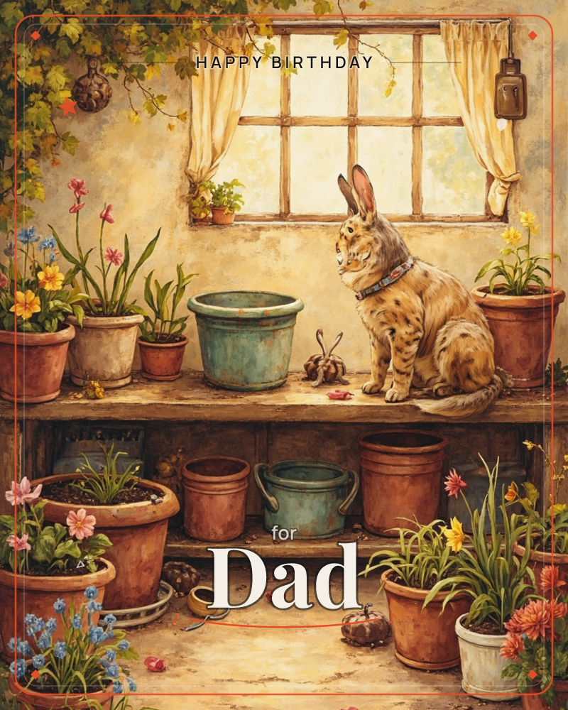 A whiskered cat with rabbit-like ears and a collar perches on a wooden potting bench beside a teal urn, surrounded by terracotta pots of blooming flowers, a birthday e-card design