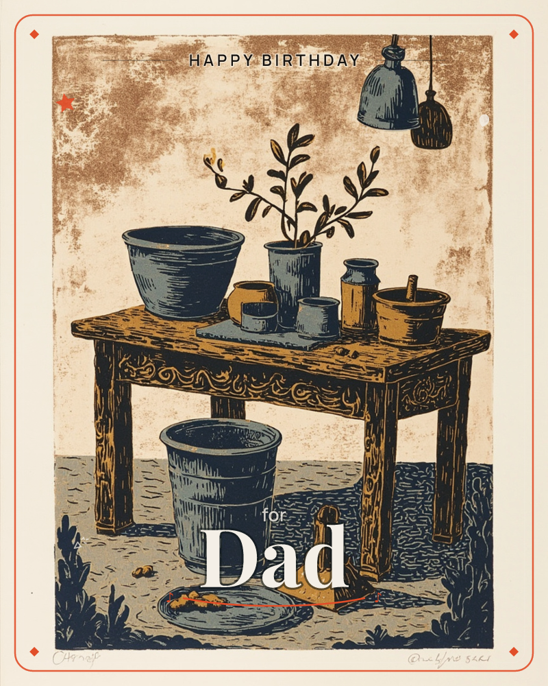 A rustic wooden potting table stands against a mottled ochre wall, holding an empty blue bowl, a small potted plant with slender leafy stems, mugs…, a birthday e-card design