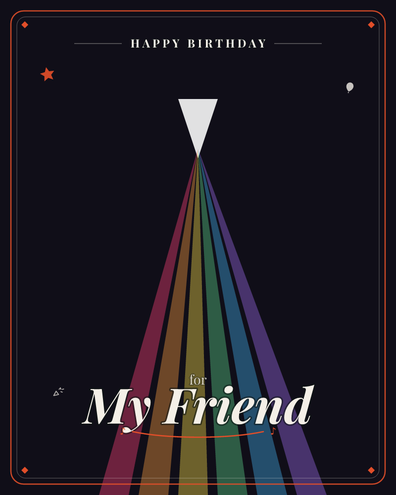 A white triangular prism floats against near-black space, splitting a single beam into a fan of colour that widens as it falls toward the bottom of the…, a birthday e-card design by @DittyCityTeam