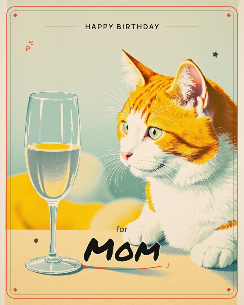 An orange and white cat perches on a tabletop, nose to nose with a champagne flute filled with pale gold bubbly, a birthday e-card design