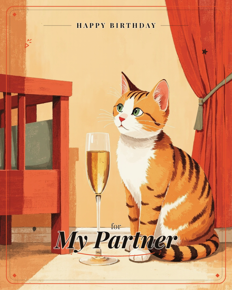 An orange tabby cat sits primly on a warm-toned floor beside a tall flute of champagne, glancing upward with wide green eyes, a birthday e-card design