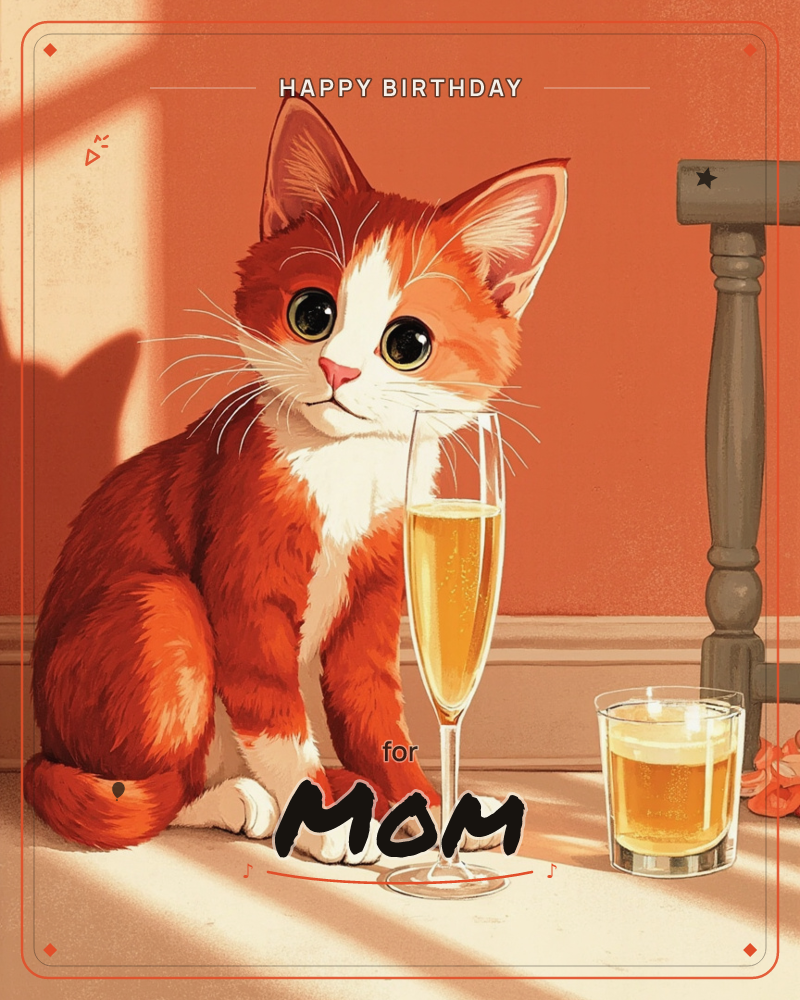 An orange-and-white kitten sits on the floor beside a champagne flute and a lit candle, warm coral light spilling across the wall behind it, a birthday e-card design