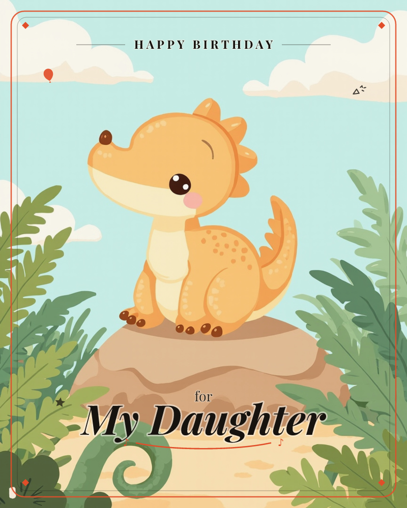A round, smiling baby dinosaur in orange and cream sits perched on a smooth boulder, surrounded by tall green fern fronds against a soft turquoise sky…, a birthday e-card design