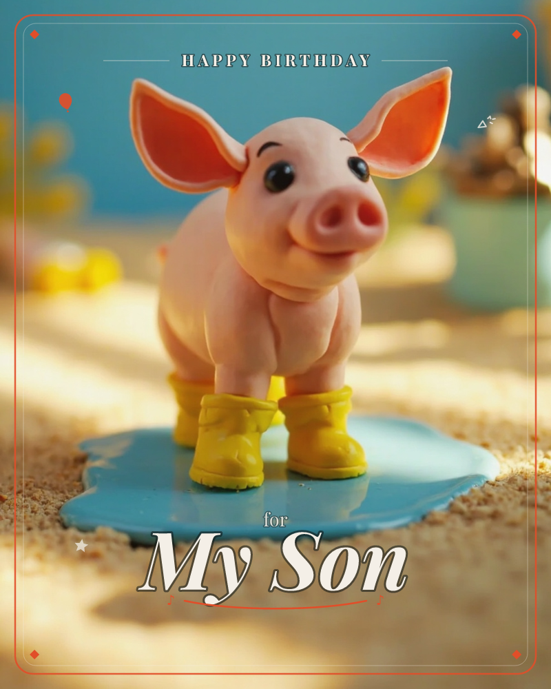 A small pink piglet with big floppy ears stands proudly in a shallow puddle, wearing four tiny yellow rubber boots, a birthday e-card design