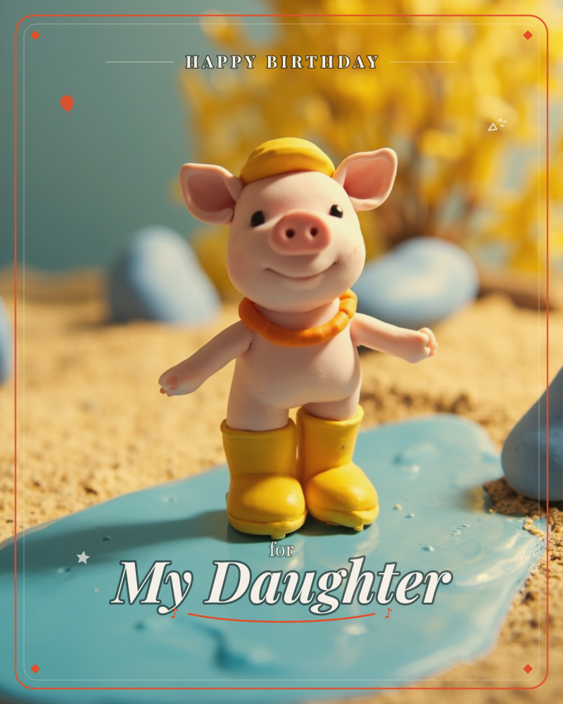 A cheerful clay-style piglet stands proudly in a puddle wearing bright yellow rain boots, a matching cap, and an orange scarf, arms flung wide open, a birthday e-card design