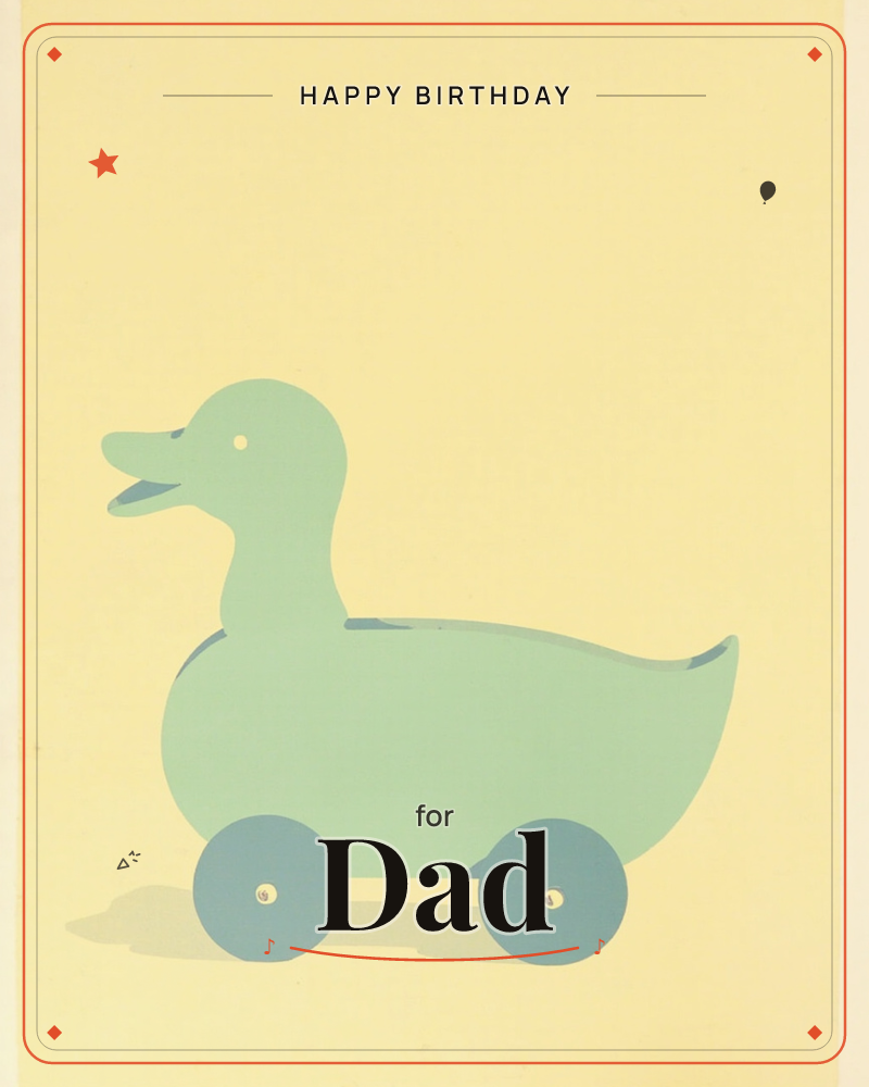 A pale mint-green toy duck on wheels sits in profile against a soft buttery yellow background, its beak open mid-quack, a birthday e-card design