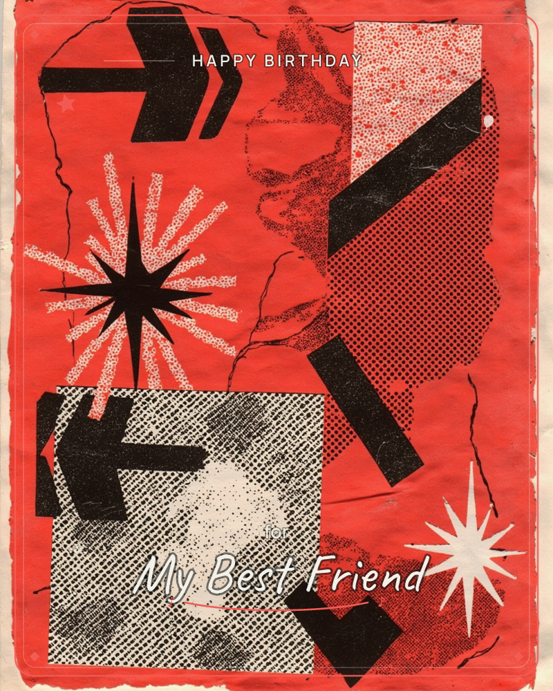 A bold red collage crackles with torn paper edges, halftone dot textures, and jagged black arrows pointing in opposing directions, a birthday e-card design