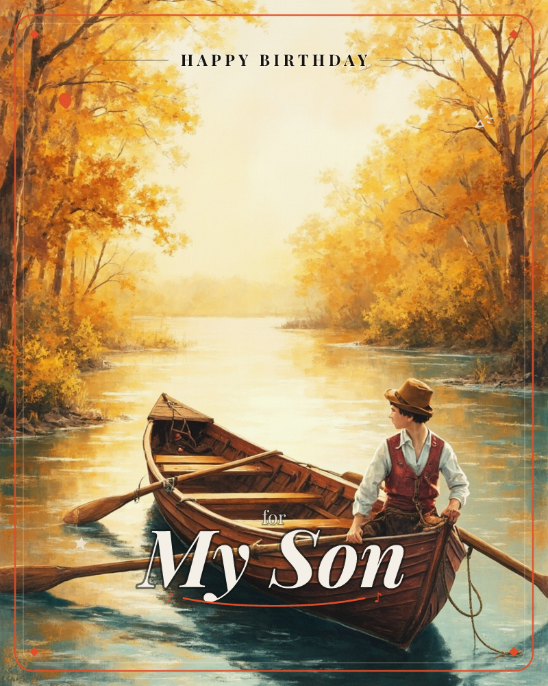 A man in a hat and red vest rows a wooden boat down a still river, glancing back over his shoulder as golden autumn trees arch over the water on both…, a birthday e-card design