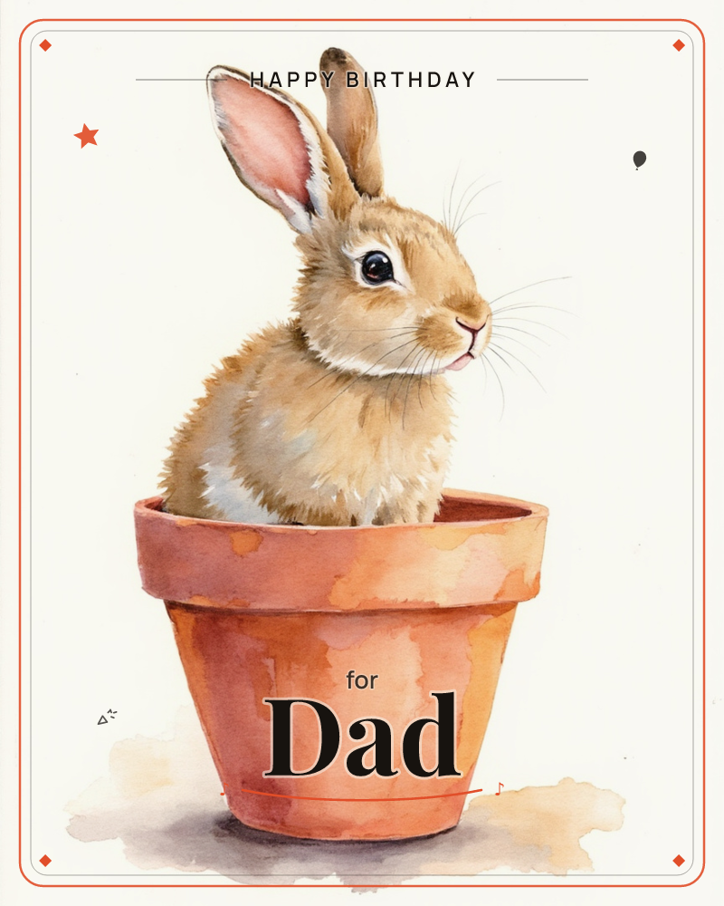 A soft brown rabbit sits nestled inside a terracotta plant pot, its tall ears standing upright and whiskers stretched out in a curious pose, a birthday e-card design