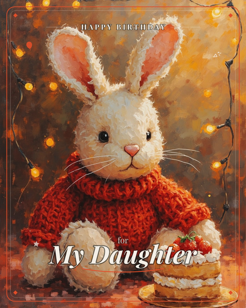 A soft white rabbit in a chunky red knitted sweater sits with a small strawberry cake in front of it, framed by strings of warm fairy lights glowing…, a birthday e-card design