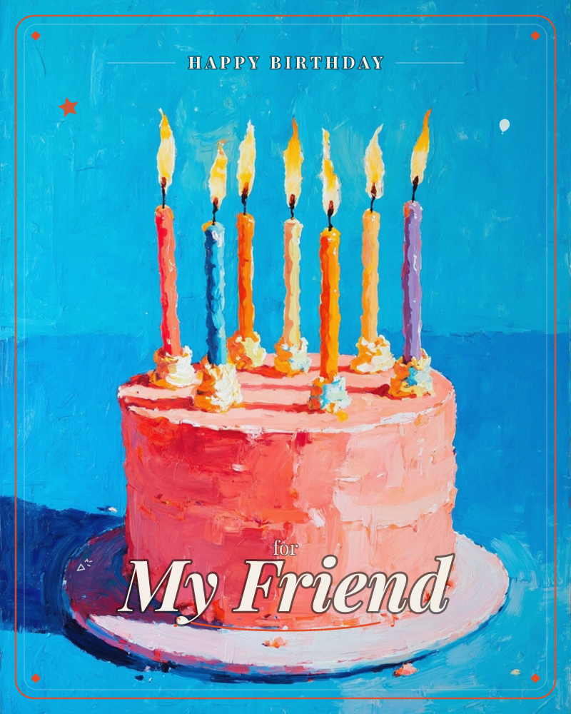 A round pink-frosted cake sits on a white plate against a bold two-tone blue background, thickly painted with visible brushstrokes, a birthday e-card design