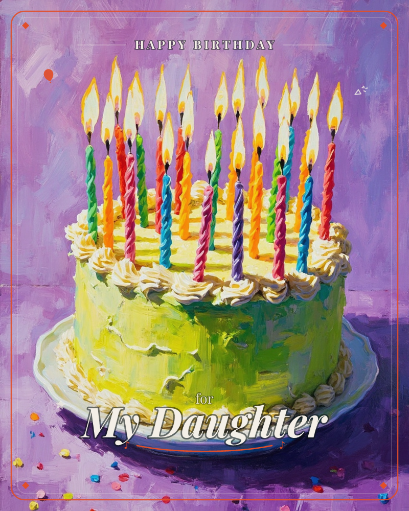 A round green cake with piped white buttercream swirls sits on a white plate against a violet, loosely brushed background, a birthday e-card design