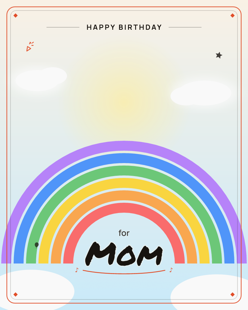 A wide rainbow arches over a pale sky, its bands of purple, blue, green, yellow, orange and red glowing softly against a hazy sun and two puffy clouds, a birthday e-card design by @DittyCityTeam