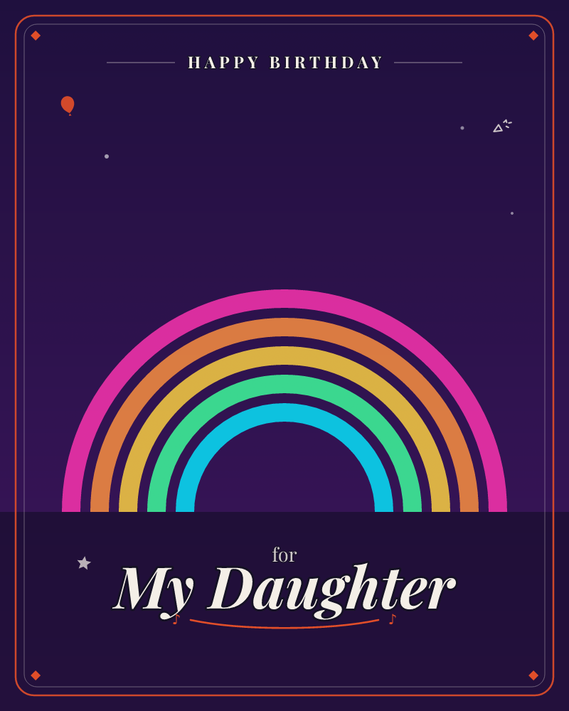 A neon-bright rainbow arches over a dark horizon against a deep purple night sky scattered with a few small stars, a birthday e-card design by @DittyCityTeam