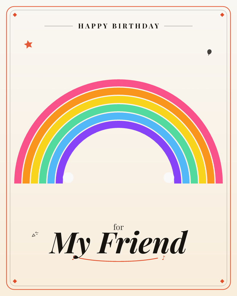 A full arched rainbow rises against a soft cream background, its bands of pink, orange, yellow, green, blue and purple stacked in clean, even stripes, a birthday e-card design by @DittyCityTeam