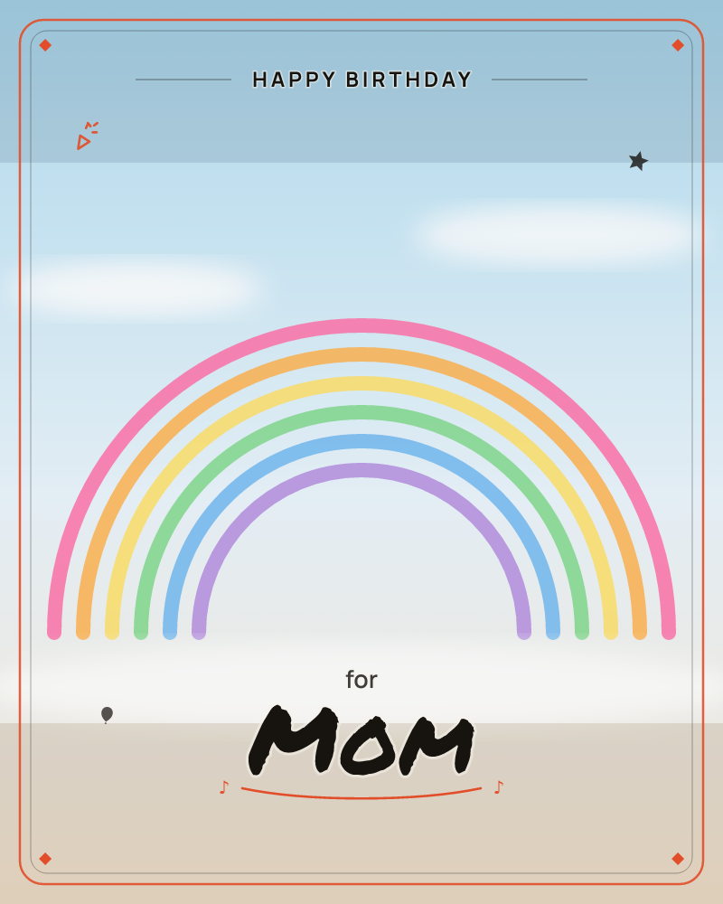 A simple pastel rainbow arches over a plain landscape, its bands of pink, orange, yellow, green, blue and purple outlined cleanly against a soft blue sky, a birthday e-card design by @DittyCityTeam