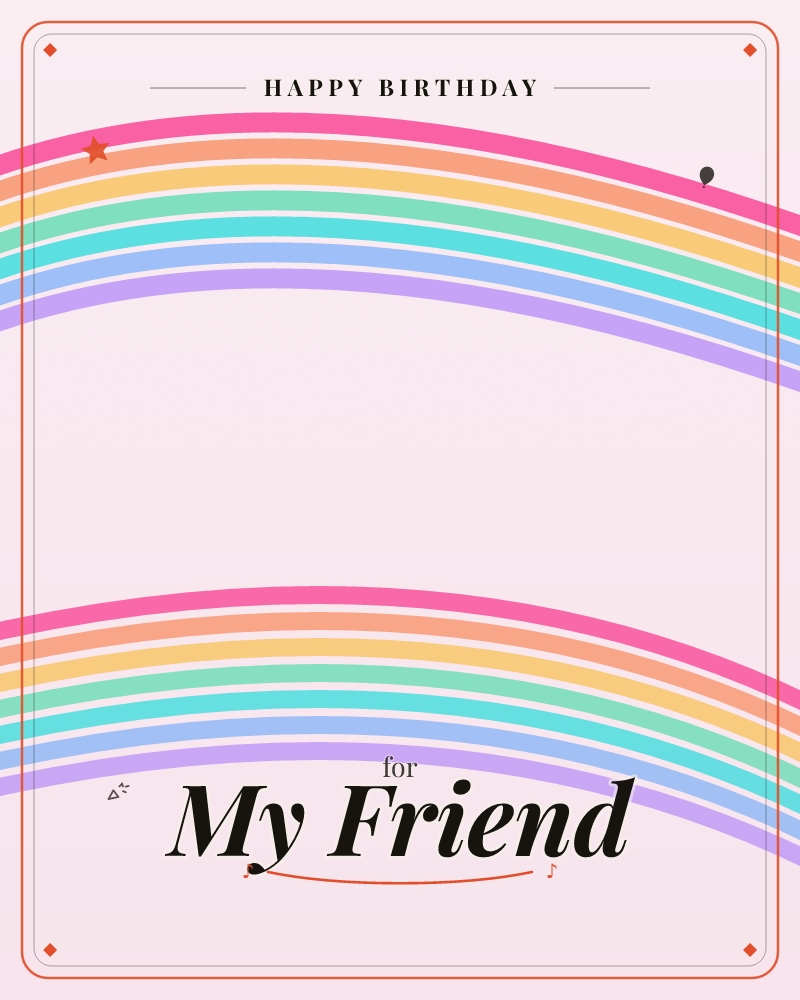 Two matching rainbow arcs curve across the top and bottom of the card, framing a soft blush-pink empty space in the middle, a birthday e-card design by @DittyCityTeam