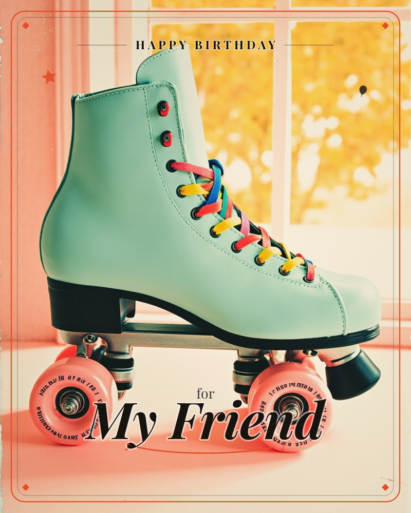 A single mint-green roller skate with rainbow laces and peach wheels sits on a windowsill, backlit by golden, sun-drenched trees outside, a birthday e-card design