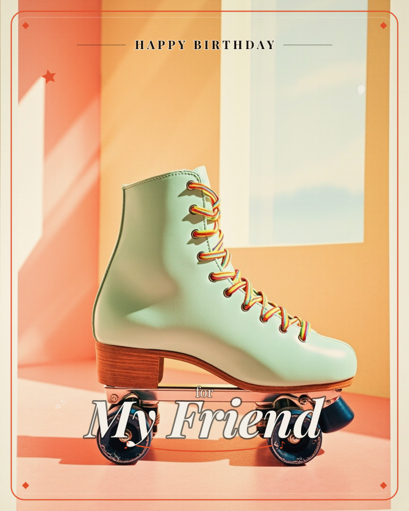 A single mint-green roller skate with a wooden heel and rainbow-striped laces stands centre stage against a warm, sunlit backdrop of orange and cream…, a birthday e-card design