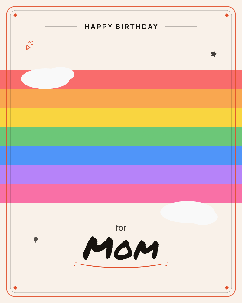 A wide rainbow band of red, orange, yellow, green, blue, purple and pink stripes floats across a soft cream sky, with two puffy white clouds drifting…, a birthday e-card design by @DittyCityTeam
