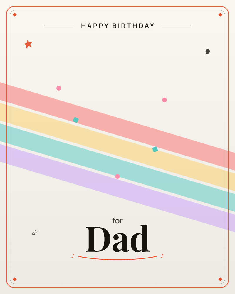Four pastel ribbons, coral pink, buttery yellow, mint and soft lilac, sweep diagonally across a warm cream background, framed by a soft grey vignette, a birthday e-card design by @DittyCityTeam