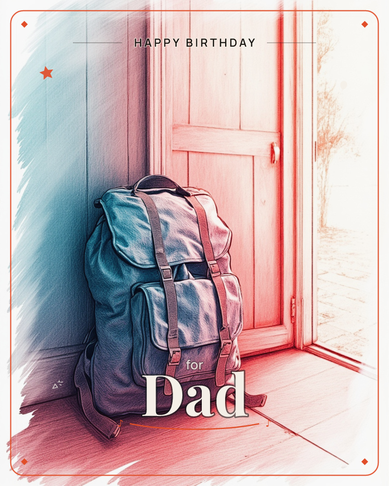 A sketchy, colour-washed drawing shows a canvas backpack propped against a wall beside an open door, sunlight spilling in from outside where a bare…, a birthday e-card design