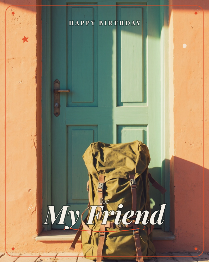 A weathered olive-green backpack with leather straps and brass buckles rests against a mint-teal wooden door set into a sun-warmed terracotta wall, a birthday e-card design